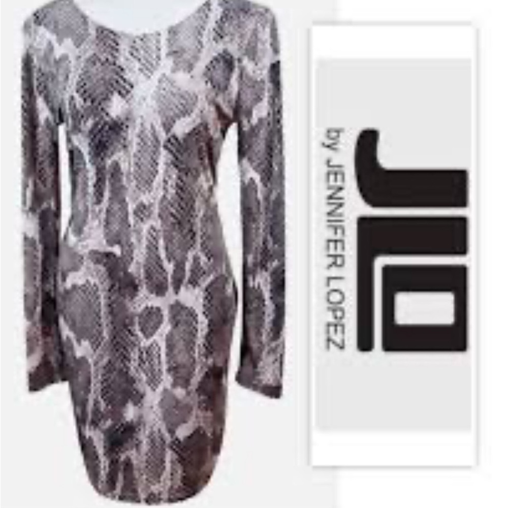 Jennifer Lopez Black and White Snake Print Long Sleeve Dress